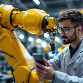 A photograph of a skilled technician performing a pre-delivery inspection on an industrial robotic arm