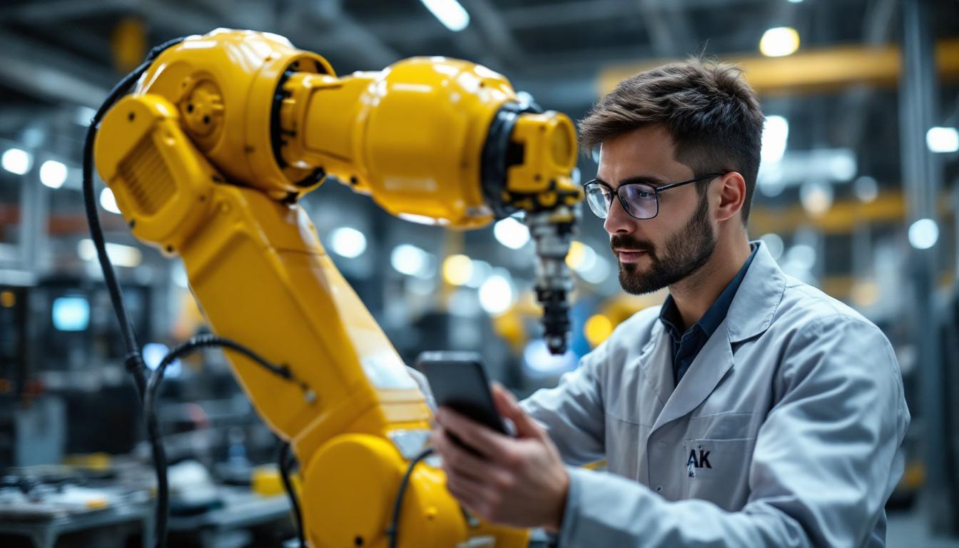 A photograph of a skilled technician performing a pre-delivery inspection on an industrial robotic arm