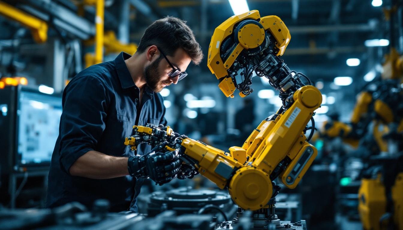 A photograph of a skilled technician working on an industrial robot in a modern manufacturing environment