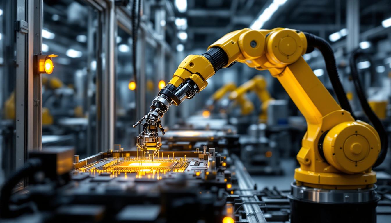 A photograph of a modern industrial robotic arm in action within a semiconductor manufacturing facility