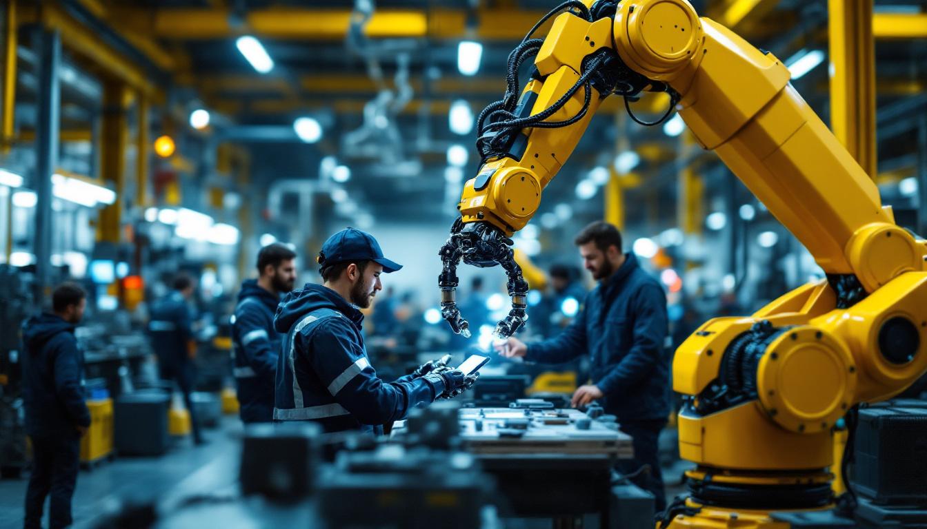 A photograph of a dynamic industrial setting featuring a robotic arm in action