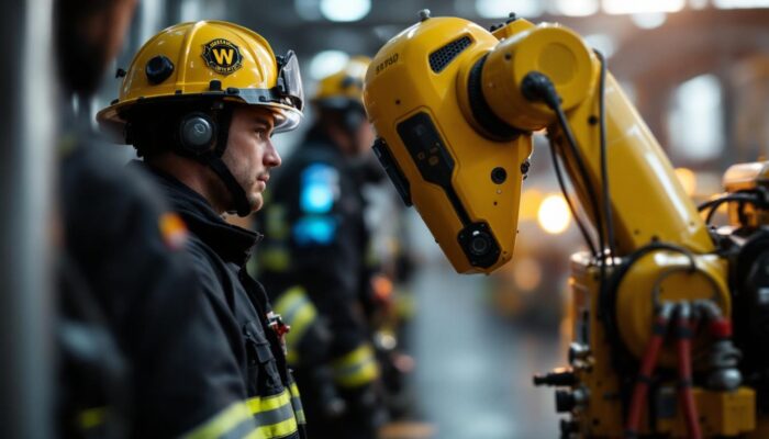 A photograph of capture a photograph of a woodside fire department firefighter interacting with an industrial robotic system in a training or emergency response scenario