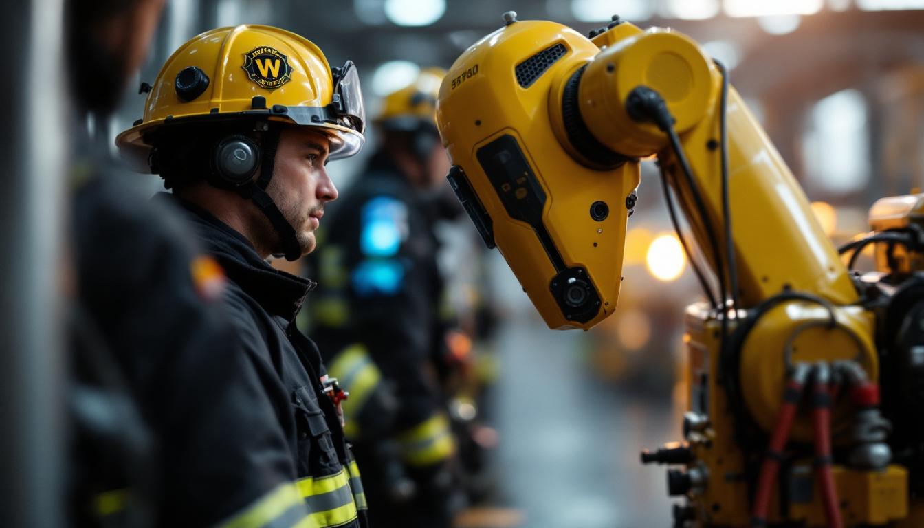 A photograph of capture a photograph of a woodside fire department firefighter interacting with an industrial robotic system in a training or emergency response scenario