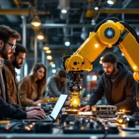 A photograph of a dynamic industrial robotics environment