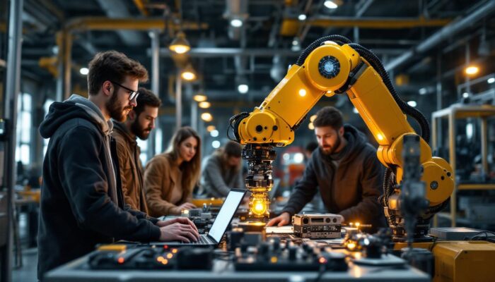 A photograph of a dynamic industrial robotics environment