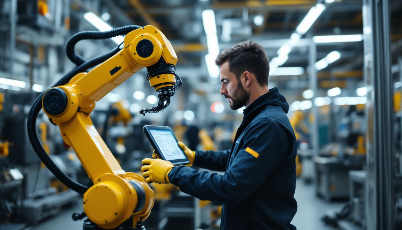 A photograph of a skilled technician programming or operating an industrial robot in a modern manufacturing setting