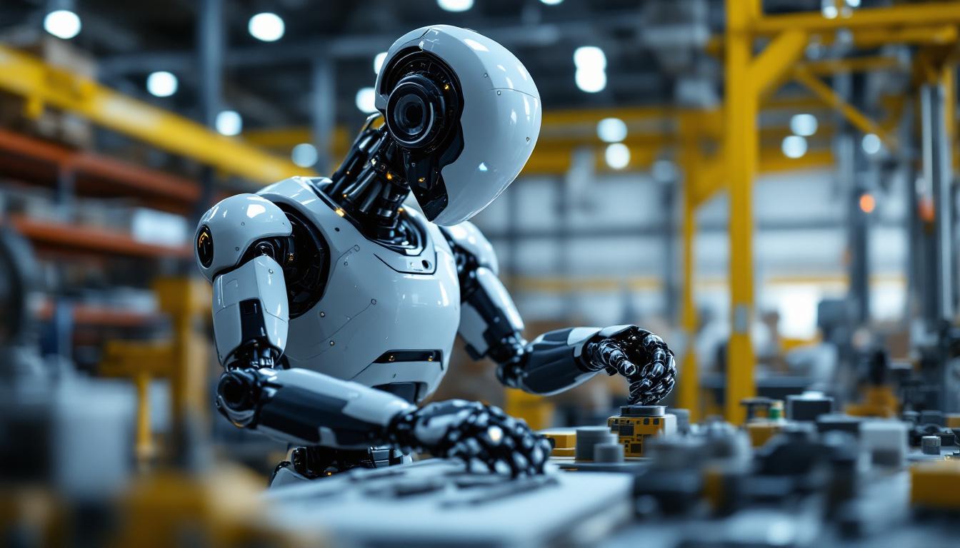 A photograph of a sleek industrial robot in action within a modern warehouse setting
