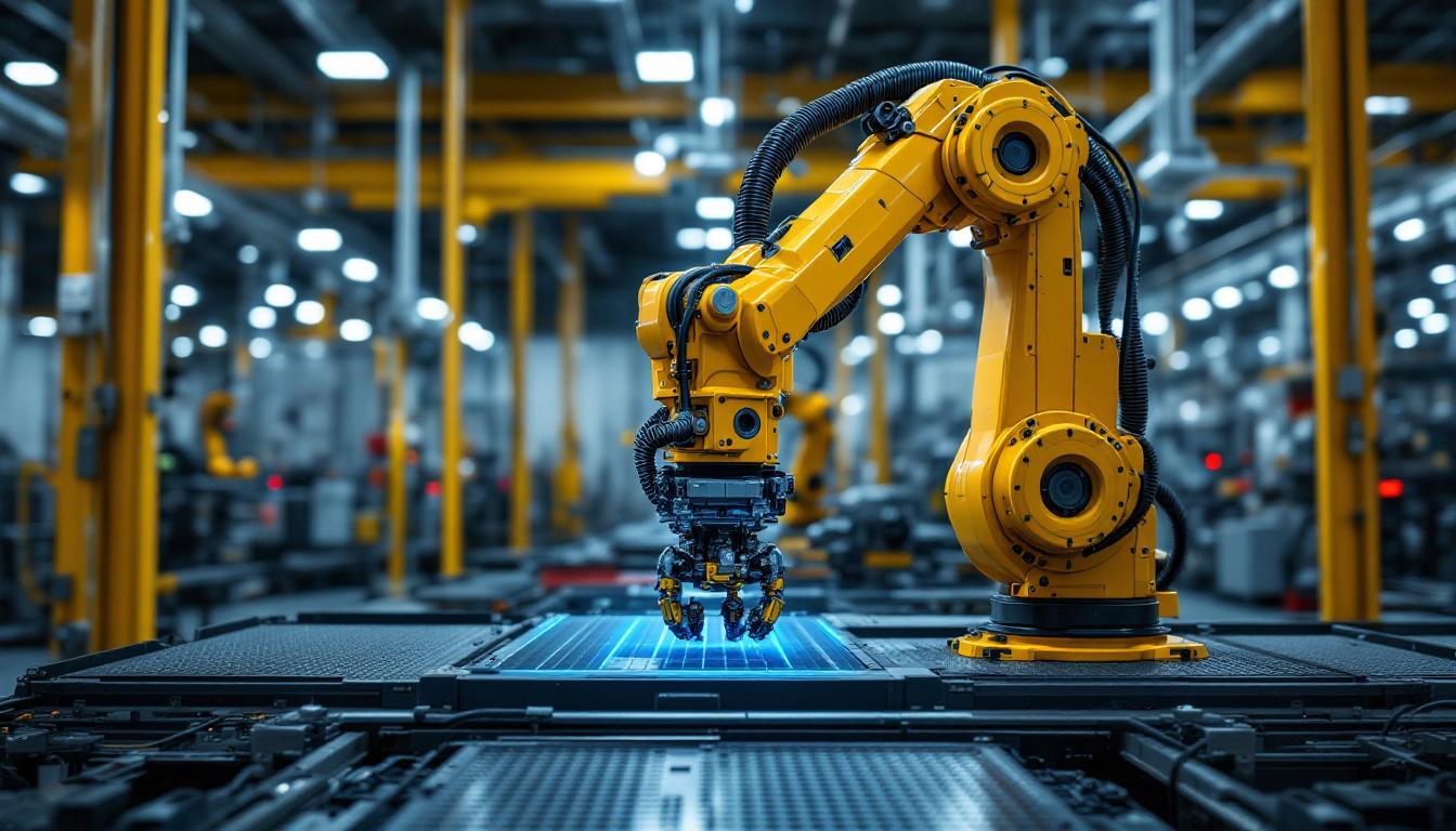 A photograph of capture a photograph of an industrial robotic arm in action within a general dynamics mission systems facility