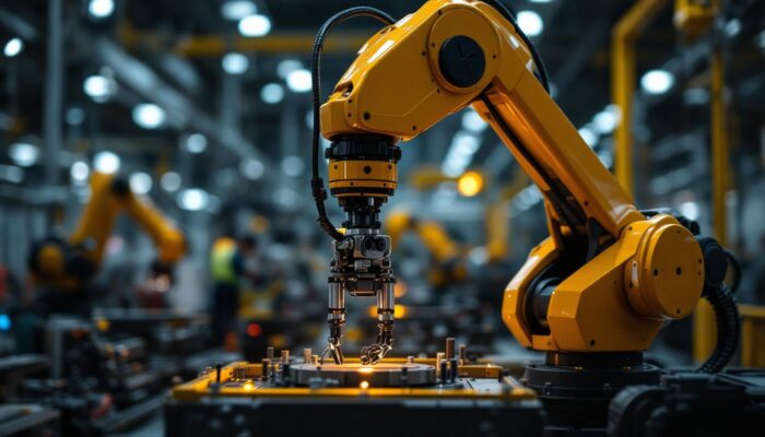 A photograph of a sleek industrial robotic arm in action