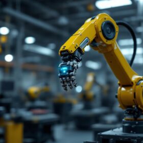 A photograph of a sleek industrial robotic arm in action