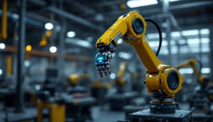 A photograph of a sleek industrial robotic arm in action