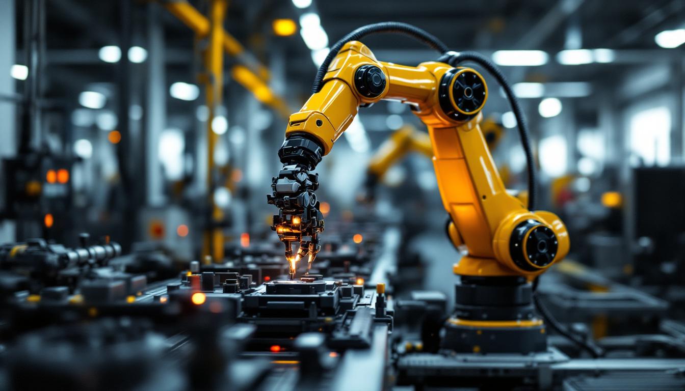 A photograph of a sleek industrial robotic arm in action within a manufacturing environment
