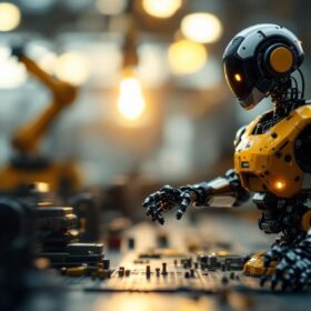 A photograph of a miniature robot in an industrial setting