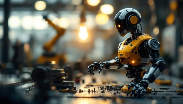 A photograph of a miniature robot in an industrial setting