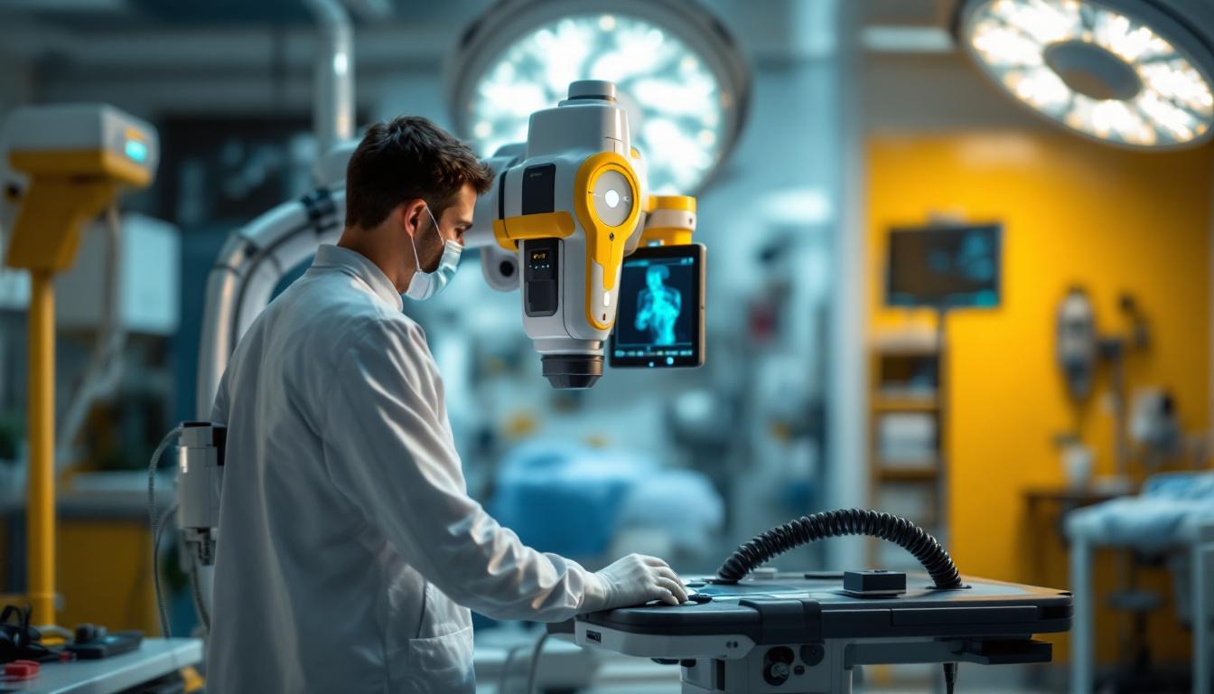 A photograph of capture a photograph of a mini c-arm in a clinical setting