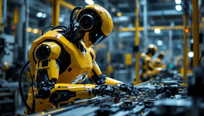 A photograph of a sleek industrial robot in action within a manufacturing environment