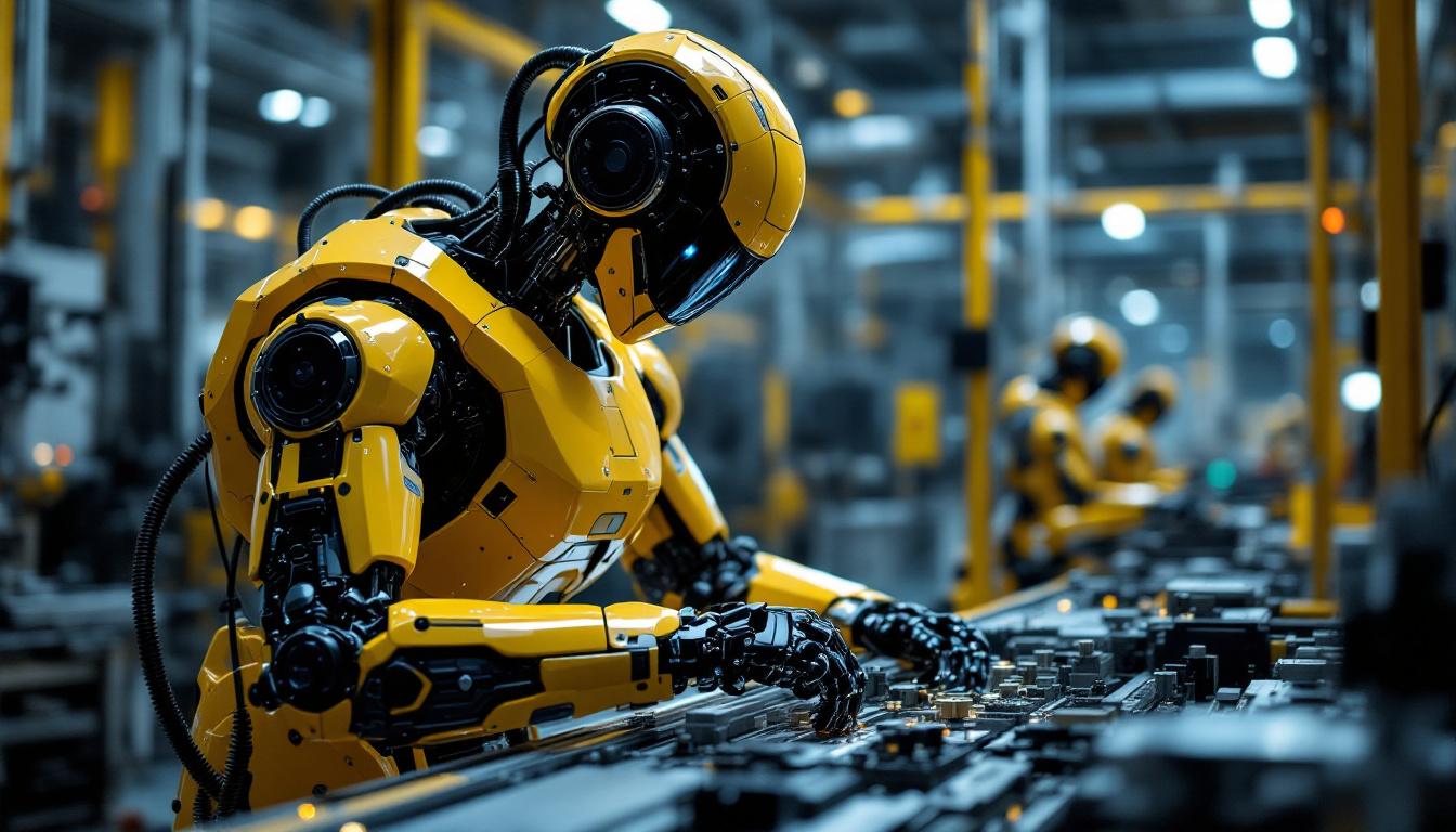 A photograph of a sleek industrial robot in action within a manufacturing environment