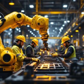 A photograph of a dynamic industrial setting featuring a robotic arm in action