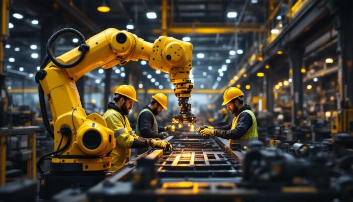 A photograph of a dynamic industrial setting featuring a robotic arm in action