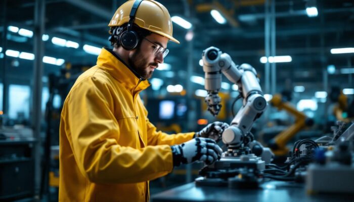 A photograph of a skilled technician programming or operating an industrial robot in a modern