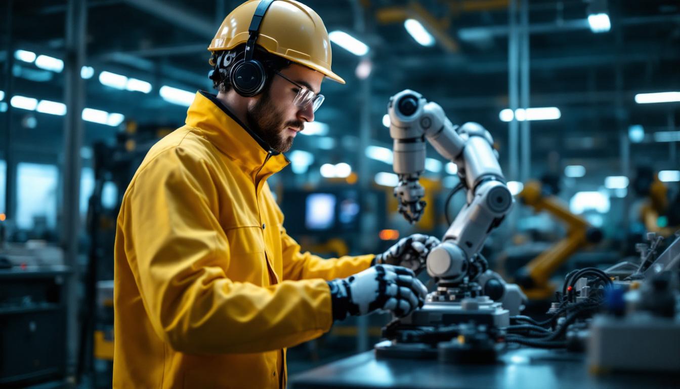 A photograph of a skilled technician programming or operating an industrial robot in a modern