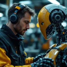 A photograph of a skilled technician working alongside an industrial robot in an auto repair shop