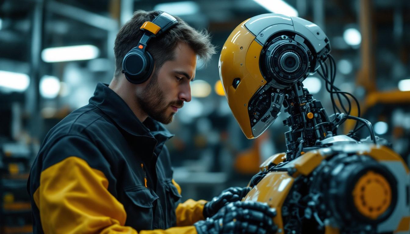 A photograph of a skilled technician working alongside an industrial robot in an auto repair shop