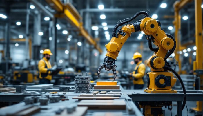 A photograph of a modern industrial setting featuring a robotic arm in action