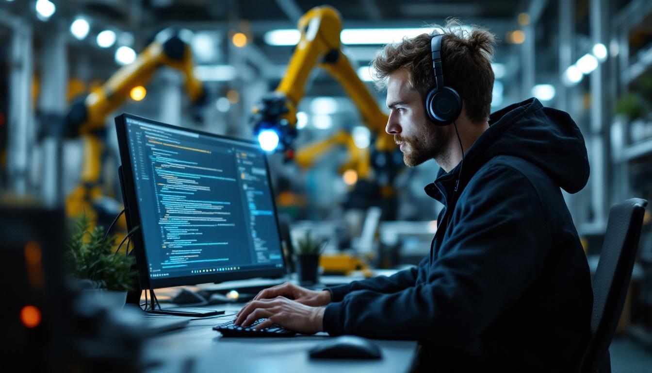 A photograph of a skilled software engineer working at a computer