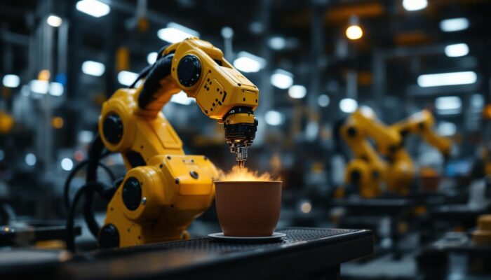A photograph of an industrial robot in action