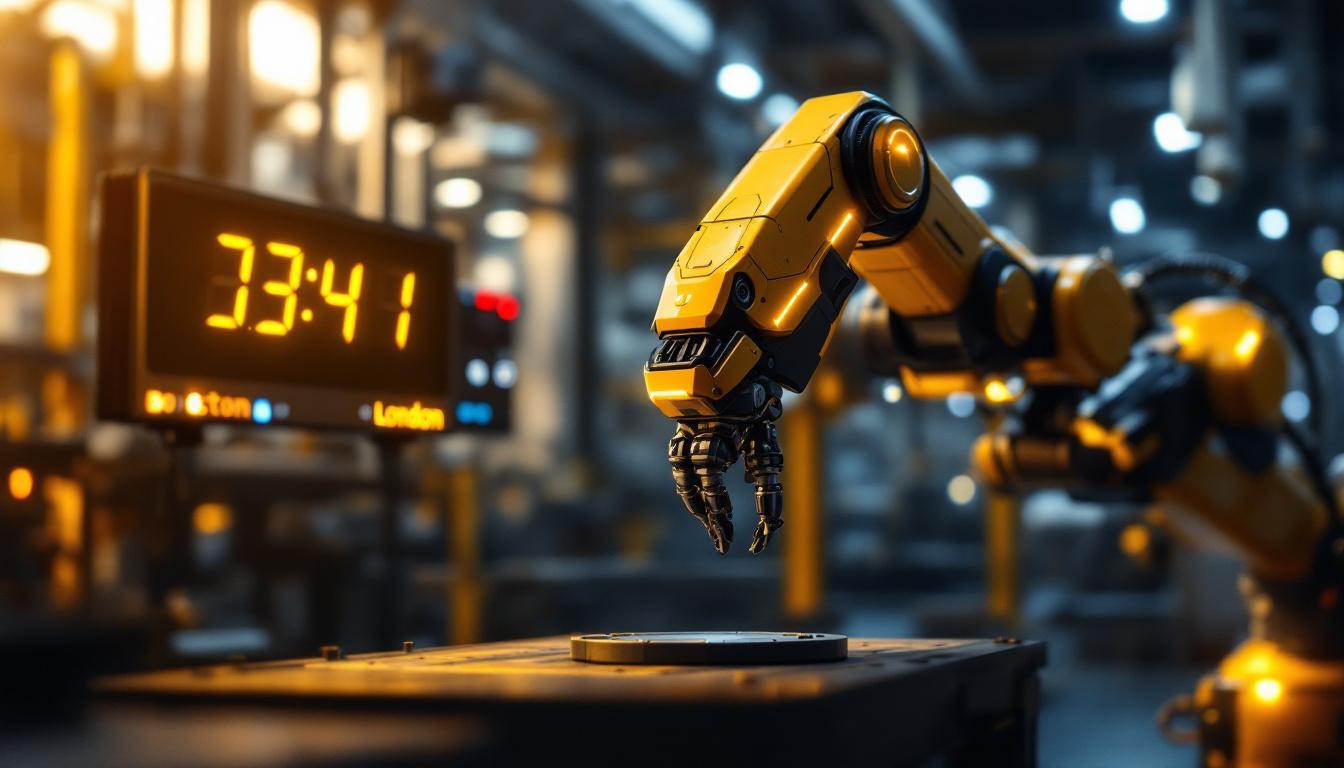 A photograph of a dynamic industrial robotics scene
