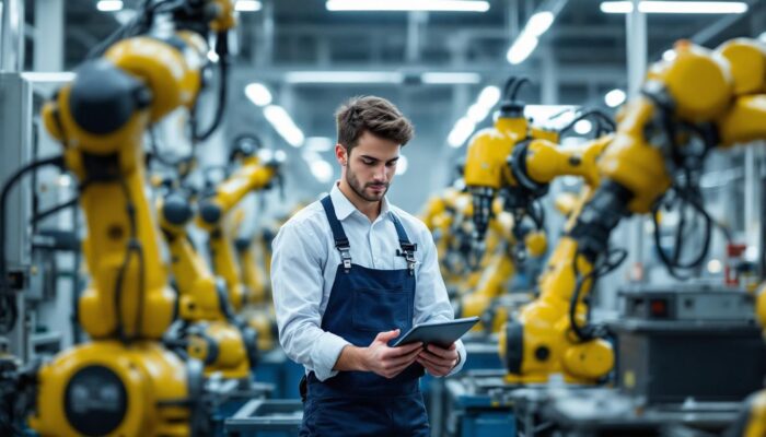 A photograph of a young chemical engineer working alongside industrial robots in a modern manufacturing facility