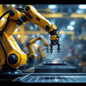 A photograph of a robust industrial robotic arm in action