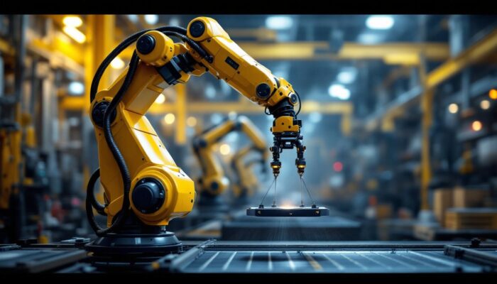 A photograph of a robust industrial robotic arm in action