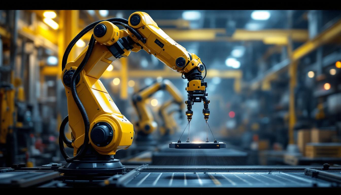 A photograph of a robust industrial robotic arm in action
