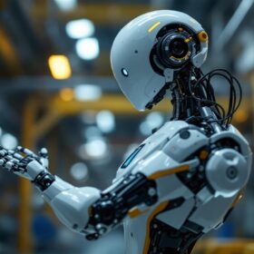 A photograph of a sleek animatronic robot in a dynamic pose