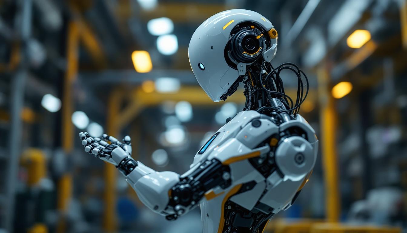 A photograph of a sleek animatronic robot in a dynamic pose