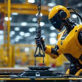 A photograph of a sleek industrial robot in action