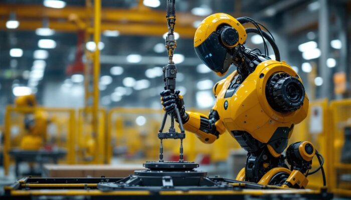 A photograph of a sleek industrial robot in action