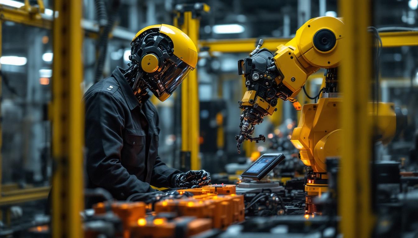 A photograph of a skilled technician programming or operating an industrial robot in a modern manufacturing environment