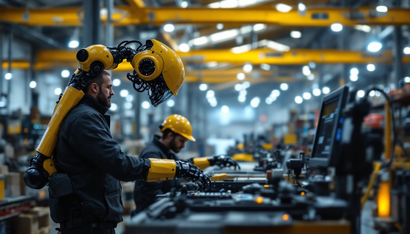 A photograph of a modern warehouse environment showcasing industrial robots in action
