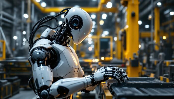 A photograph of a sleek industrial robot in action within a manufacturing setting