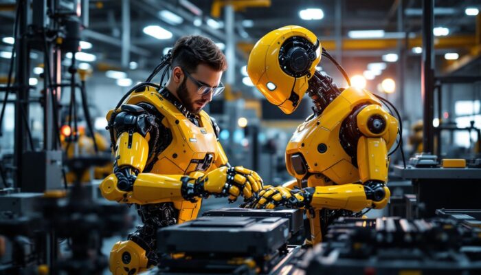 A photograph of a sleek industrial robot in action on a factory floor