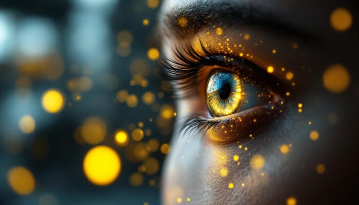 A photograph of a close-up of a person's eye with a subtle overlay of yellow spots or light distortions in the vision