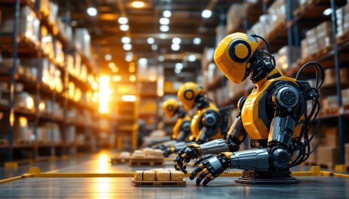 A photograph of capture a photograph of an industrial robot in action within warehouse four dubai