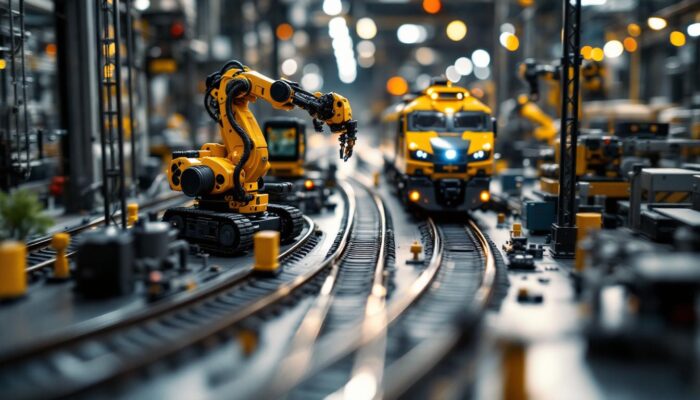 A photograph of a detailed close-up of a g gauge train track layout integrated with industrial robotic components