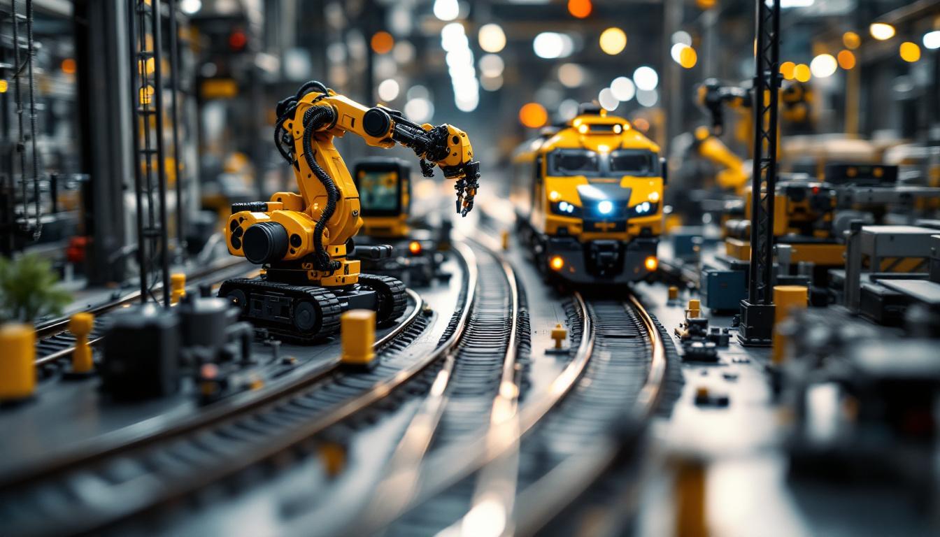 A photograph of a detailed close-up of a g gauge train track layout integrated with industrial robotic components