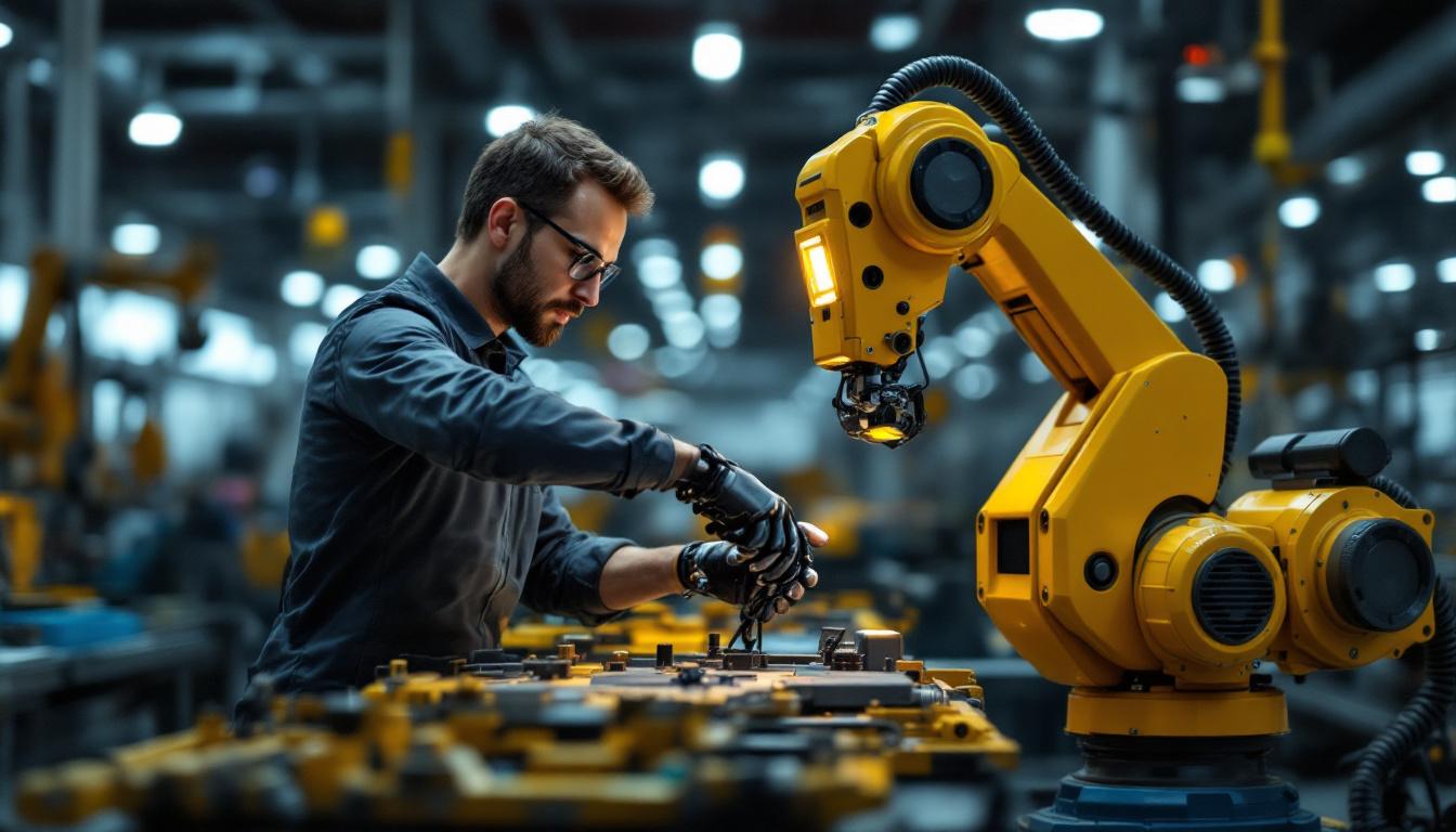 A photograph of a skilled technician conducting a hands-on test with an industrial robot in a modern manufacturing setting