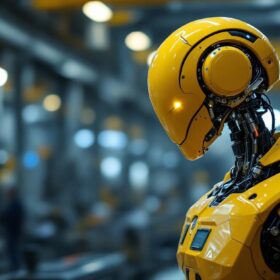 A photograph of a sleek industrial robot in action within a woodside facility