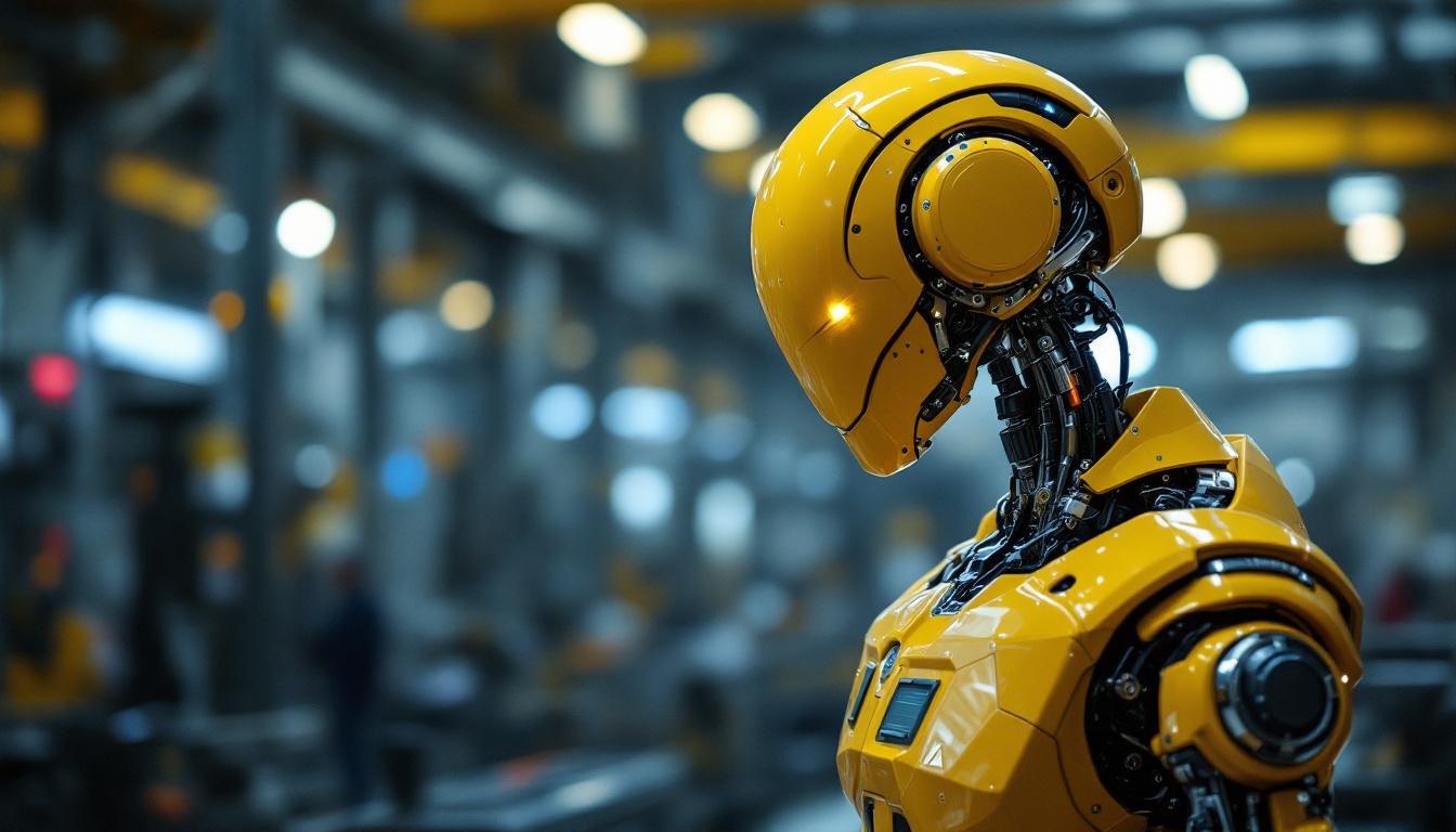 A photograph of a sleek industrial robot in action within a woodside facility